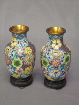 A pair of cloisonne enamelled club shaped vases 5" (1f)