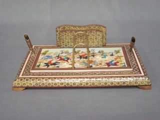 A lacquered Moorish standish with pen holder and stationery rack 12"
