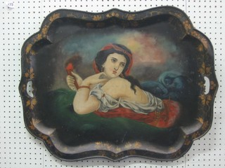 A 19th Century pressed metal twin handled tea tray painted a figure of a reclining lady 28"