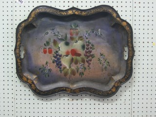 A Victorian oval pressed metal and painted  twin handled tea tray decorated fruit 21"
