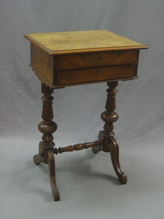 A Victorian Continental rectangular mahogany sewing box with hinged lid revealing a well fitted interior, the base fitted a drawer, raised on turned supports united by an H framed stretcher 19"
