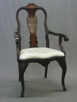 An 18th Century style Dutch inlaid mahogany slat back carver chair, heavily inlaid throughout, the seat of serpentine outline, raised on cabriole supports (some old breaks)