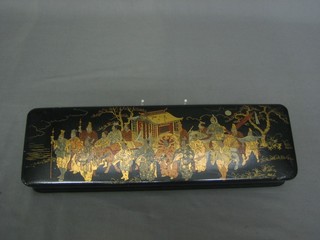 A 19th Century rectangular lacquered glove box decorated a chinoiserie scene 11"