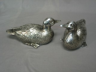 2 silvered resin figures of seated ducks 10" 