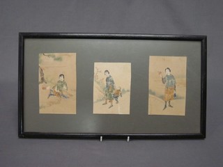 3 pictures of standing Geisha girls formed from stamps, contained in 1 frame 9" x 17"