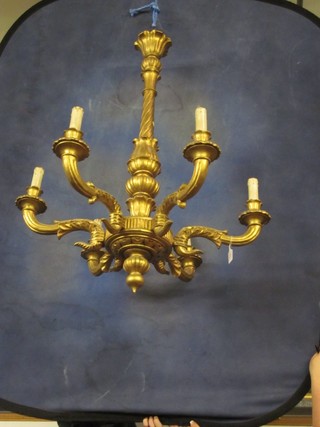 A pair of gilt painted wooden 6 light electrolier (1 requires attention)