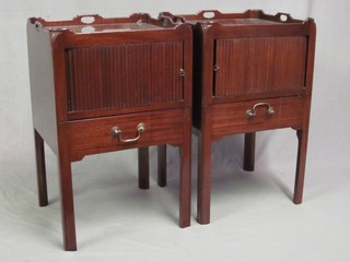 A pair of Georgian style tray top commodes each enclosed by a tambour shutter, the base fitted a drawer, 19"