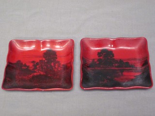 A pair of Royal Doulton flambe pin trays with rural landscape 4"