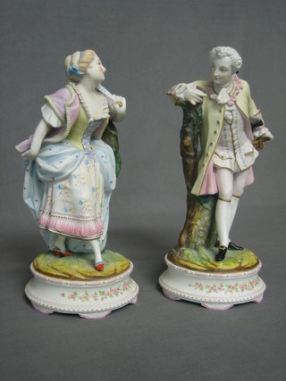 A pair of 19th Century Continental biscuit porcelain figures - lady and gentleman 10" (gentleman's head f and r)