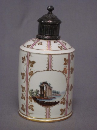 A Continental porcelain cylindrical caddy decorated landscape, (chipped to base) and with Orb mark 5 1/2"