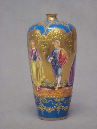 A handsome Dresden porcelain vase decorated court figures, the base with crowned RK mark and Dresden Germany 5"