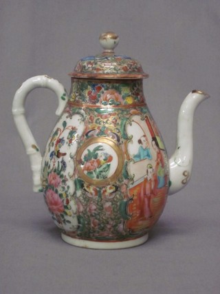 A 19th Century Canton porcelain coffee pot decorated court scenes 6"