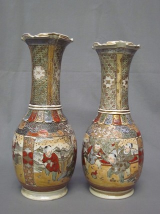 A pair of 19th Century club shaped Satsuma vases decorated court figures, the base with 6 character mark 14"