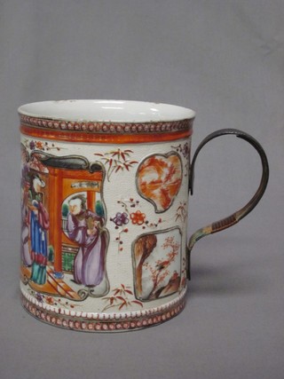An 18th Century Oriental porcelain mug decorated court figures with iron handle 5 1/2"