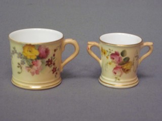 A Royal Worcester blush ivory miniature cup the base with purple mark and 12 dots and a twin handled mug, the base with purple mark and 14 dots