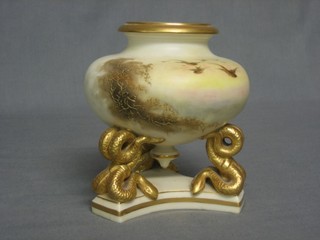 A Worcester blush ivory urn raised on 3 serpent supports with triform base, the base marked Royal China Works Worcester 6" (possibly missing a lid)
