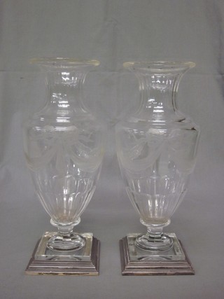 A handsome pair of 18th/19th Century Continental etched glass vases raised on square silver bases marked David Ferreira (sympathetically converted for use as table lamps) 12"