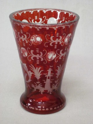 A red Bohemian etched glass vase of waisted form 6"