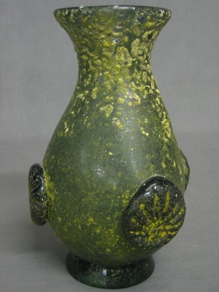 A Roman style green glass club shaped vase 8 1/2"