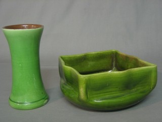 A square Art Pottery bowl, base marked JLT 7" and a waisted green glazed Art Pottery vase 7"