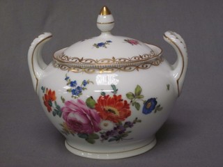 A circular Continental porcelain twin handled jar and cover with floral decoration, the base with cypher mark 4"