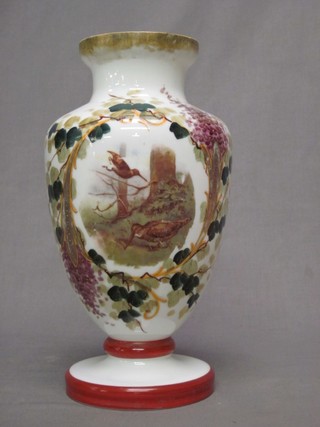 A Victorian opaque glass vase decorated snipe (chip to rim) 12"