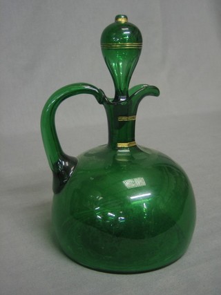 A Victorian green glass ewer and stopper (stopper f) 8"