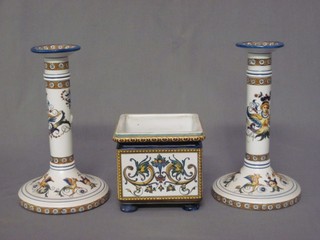 A pair of faience style candlesticks 8" together with a square planter raised on 4 bun feet 4 1/2"