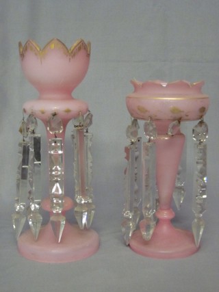 A Victorian pink glass lustre 13" and 1 other 10"