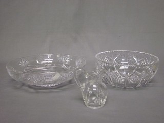 2 cut glass bowls 10 1/2" and 8" and a cut glass jug 4"