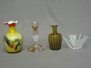 A club shaped glass vase 7", a cut glass vase 6", a cut glass bowl and a glass bottle