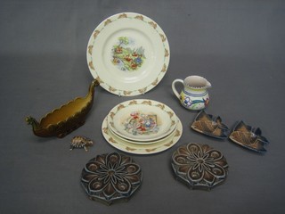 A Poole Pottery jug 3", 2 Royal Doulton Bunnykins plates, do. saucers and 6 items of Wade