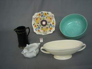 A circular green glazed bowl 9", a Wedgwood Queensware twin handled vase, an invalid feeder, a Royal Crown Derby napkin ring, a Royal Staffordshire plate and a jet vase