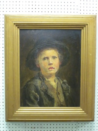 19th Century oil on board, "Head and Shoulders Portrait of a Boy", the reverse marked E R White 18" x 40"