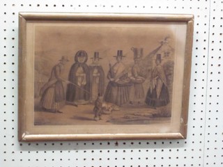 An 18th/19th Century monochrome print "Welch Costumes Taken On a Market Day in Wales" 9" x 13"