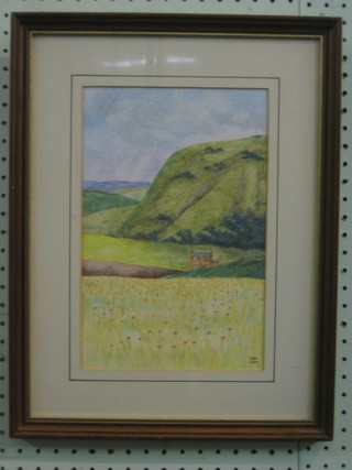 Fran Slade, impressionist watercolour drawing "Downland Scene with Cottage" 11" x 7 1/2"