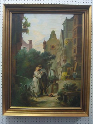 Continental oil on canvas "Scene with Figures Saying Farewell" 24" x 18 1/2", monogrammed BRR