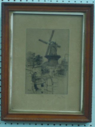 A Continental etching "Windmill and Boat" indistinctly signed to bottom right hand margin 8" x 5"