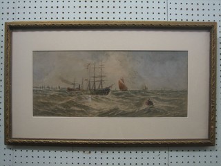 Edouard Adams, 19th Century watercolour drawing "Three Masted Merchant Ship with Steamer in Distance" signed and dated 1872 8 1/2" x 20"