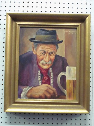 W Harisch, oil on canvas, head and shoulders portrait of a Gentleman with Pint of Beer" 11" x 9", signed and dated 1954