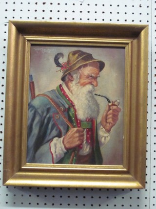 W Harisch, oil on canvas, portrait "Continental Country Gentleman with Beard and Pipe" 11" x 9" 