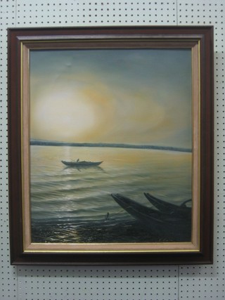 L Keplem, oil on canvas "River Scene with Boats" 23" x 19"