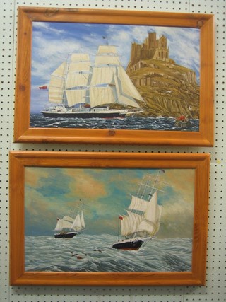 Waterman, pair of oil paintings on canvas "British Merchant Ships in Full Sail" painted on canvases from The Lord Nelson 12" x 19"