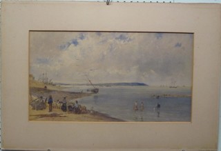 J Ford, watercolour drawing "Beach Estuary Scene with Figures, Coastline and Boats" 10" x 18" signed and dated 1888, unframed