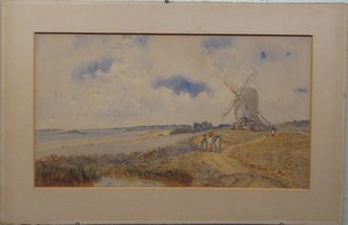 J Ford, Victorian watercolour drawing "Estuary Scene with Post, Mill and Figures" 11" x 20" unframed