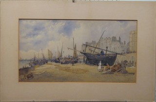 J Ford, Victorian watercolour drawing "Brighton Sea Front Looking Westward with Fishing Boats and Figures" 10" x 19" signed and dated 1880