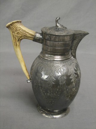 A Victorian Britannia metal hotwater jug with staghorn handle