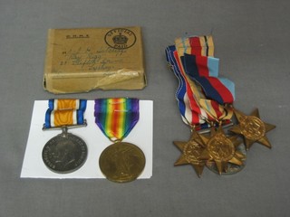 A family group of medals, Father and Son comprising  WWI British War medal and Victory medal to 71993 Gunner J F Sutcliffe Royal Artillery and group of 5 medals to J H Sutcliffe comprising 1939-45 Star, Africa Star, Italy Star, France and German Star and British War medal, contained in original cardboard box 