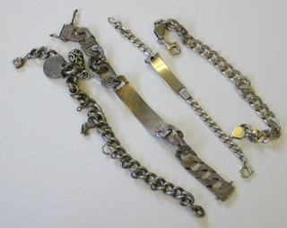 2 silver identity bracelets, a silver flat link bracelet and a silver curb link bracelet hung charms