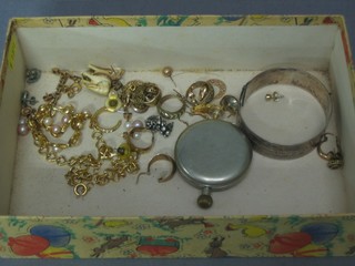A silver bangle, an open faced pocket watch (f) and a quantity of gold earrings